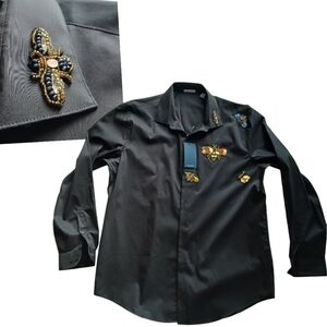 Gaga Men Black Shirt Clubwear Sequins Beaded Flex Fit 17.5 34/35